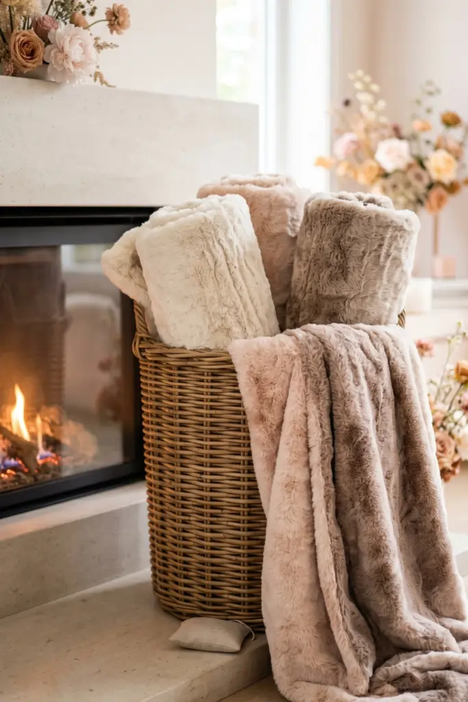 basket-faux-fur-blankets-fireplace