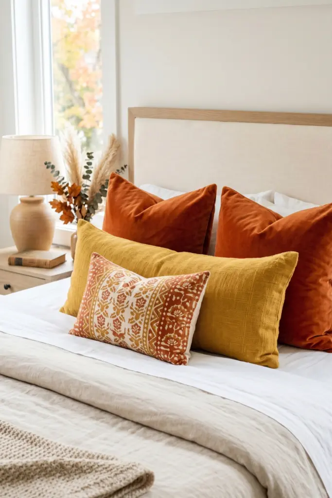 burnt-orange-mustard-accent-pillows-fall-bedroom-decor