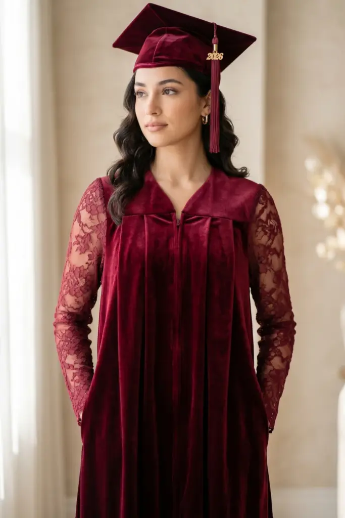 elegant-fashionable-graduation-cap-gown-burgundy-velvet-lace-sleeves