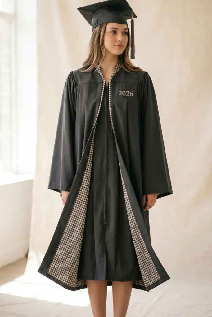 elegant-fashionable-graduation-cap-gown-charcoal-gray-houndstooth-pattern