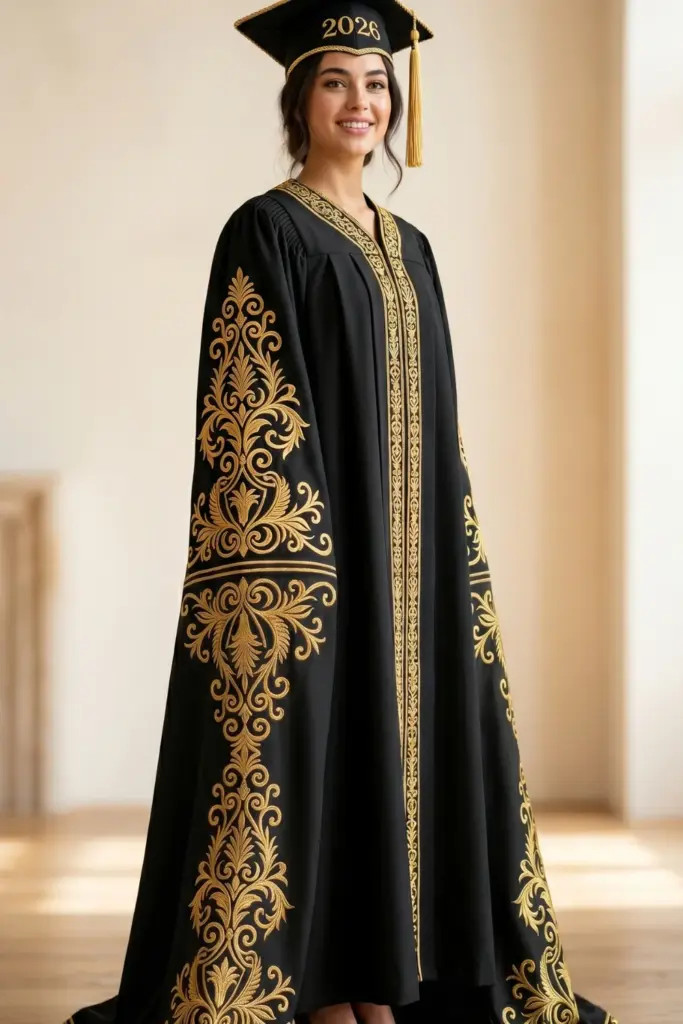 elegant-fashionable-graduation-cap-gown-classic-black-gold-embroidery