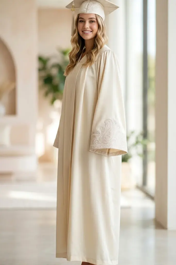 elegant-fashionable-graduation-cap-gown-cream-silk-paisley-motif