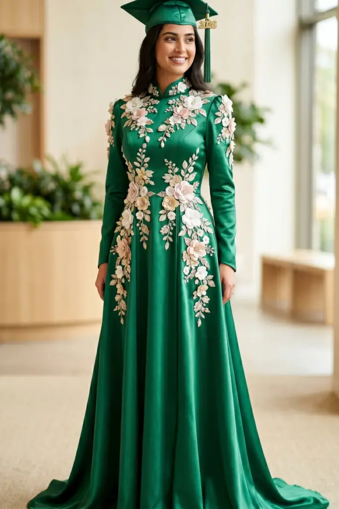 elegant-fashionable-graduation-cap-gown-emerald-green-satin-floral-applique
