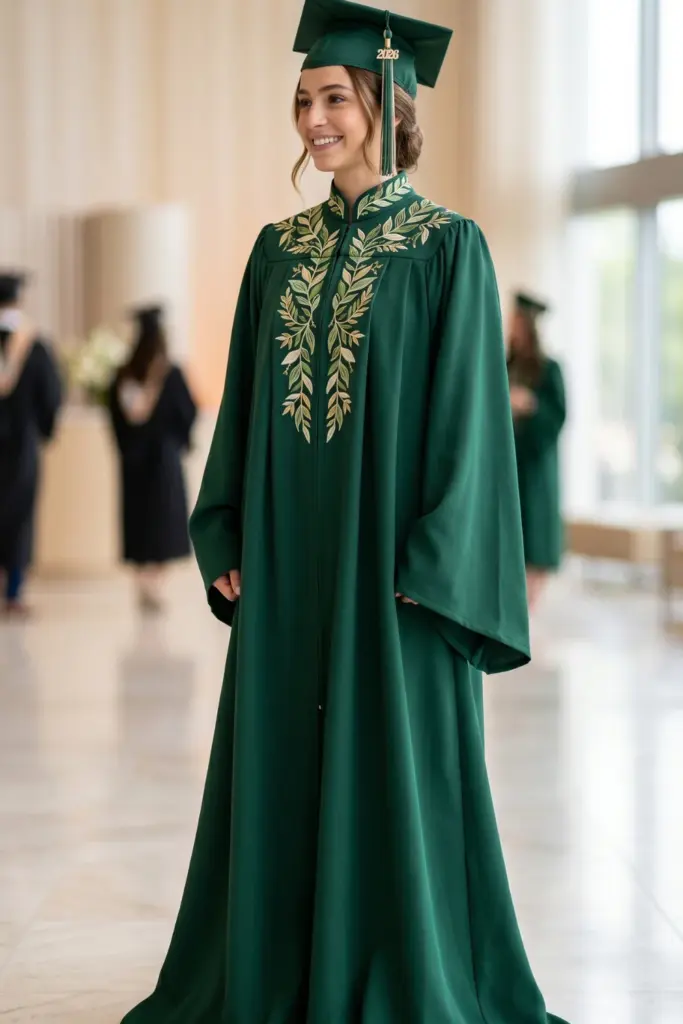 elegant-fashionable-graduation-cap-gown-forest-green-leaf-embroidery