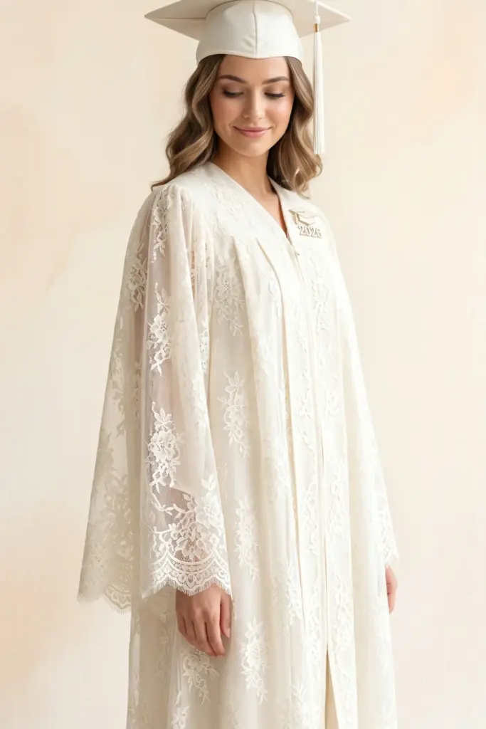 elegant-fashionable-graduation-cap-gown-ivory-lace-overlay