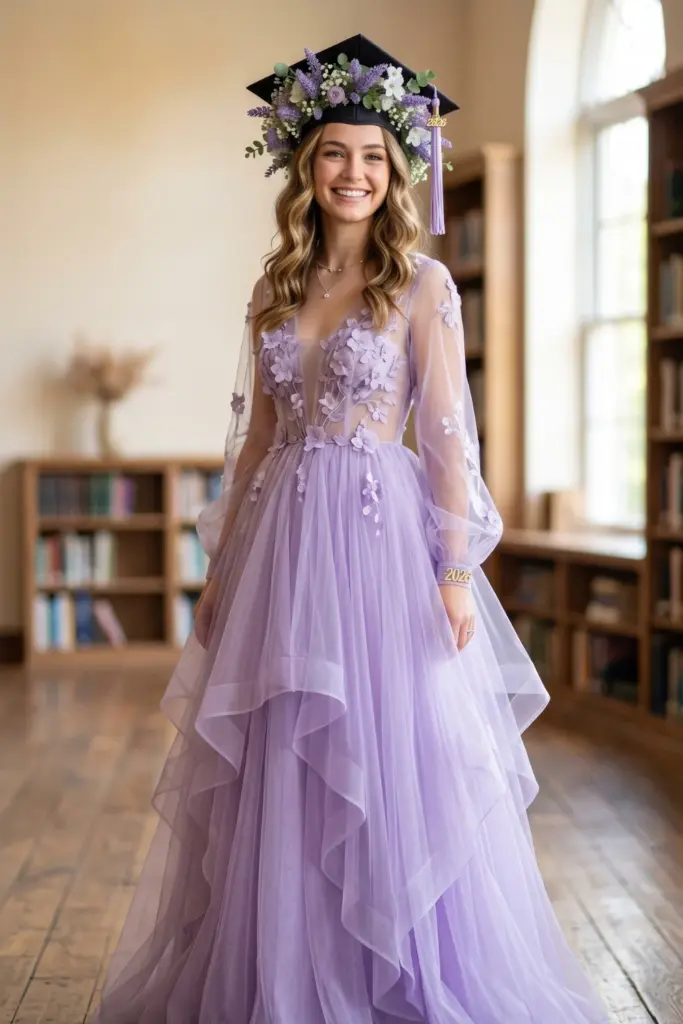 elegant-fashionable-graduation-cap-gown-lavender-tulle-floral-crown-detail