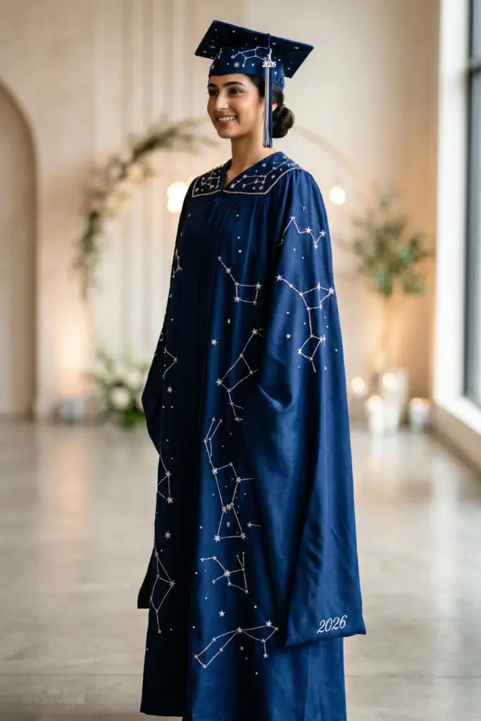 elegant-fashionable-graduation-cap-gown-midnight-blue-star-constellation-print
