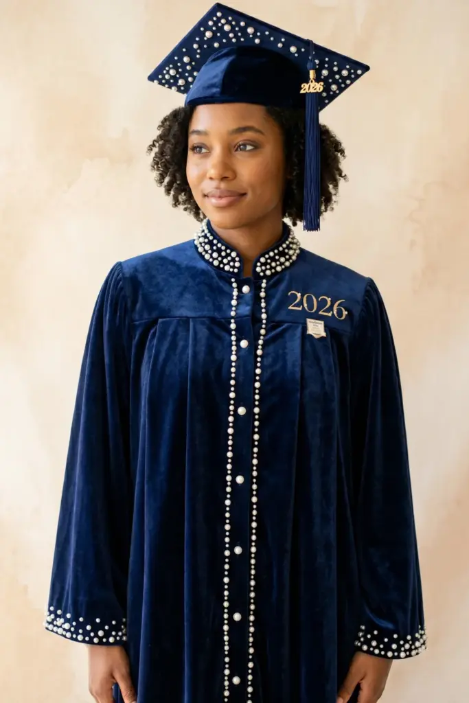 elegant-fashionable-graduation-cap-gown-navy-blue-velvet-pearl-accents