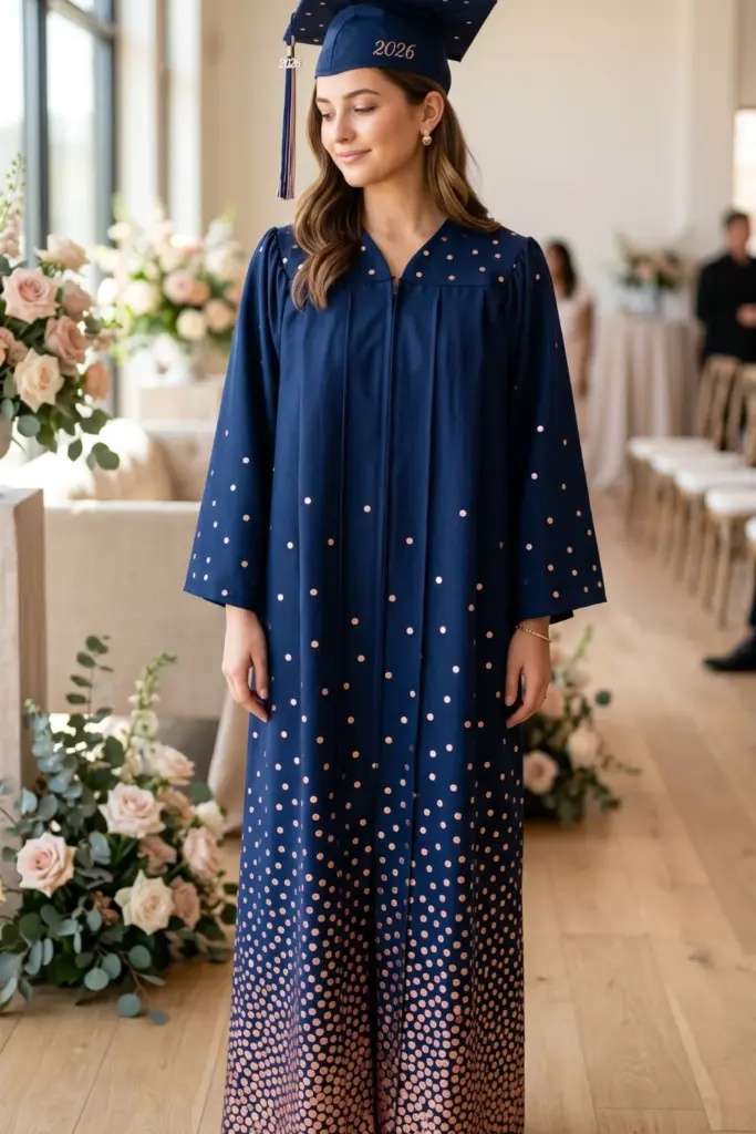 elegant-fashionable-graduation-cap-gown-rose-gold-foil-polka-dots