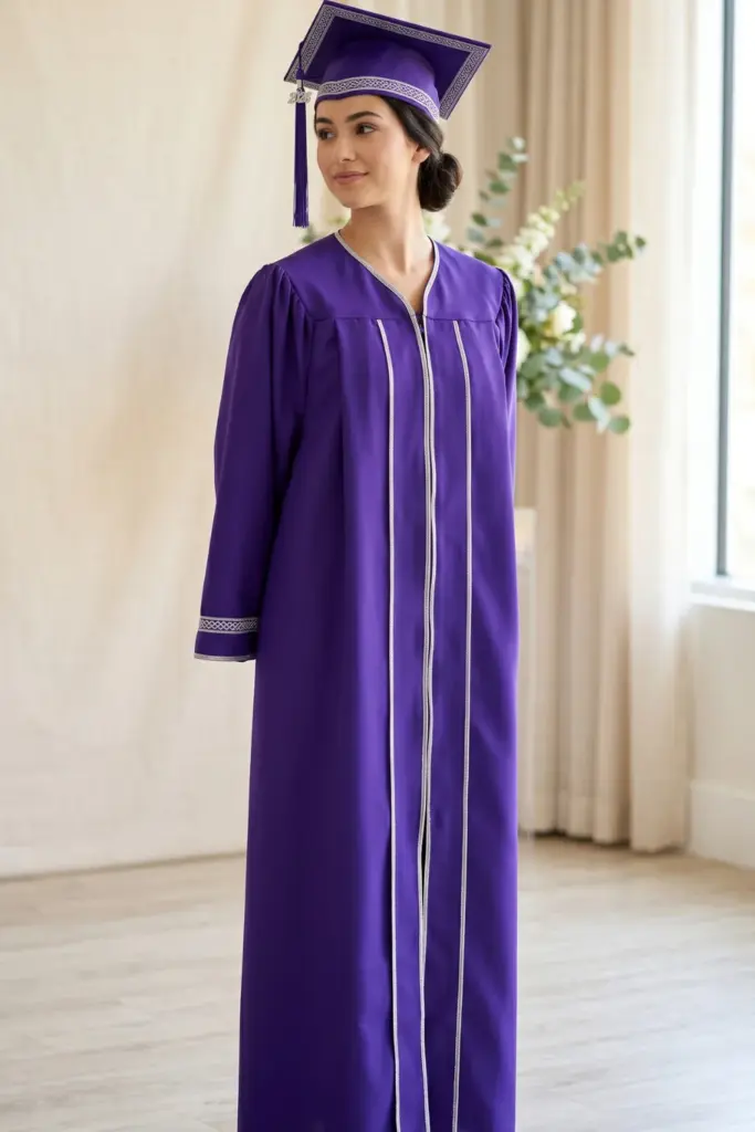 elegant-fashionable-graduation-cap-gown-royal-purple-silver-metallic-thread