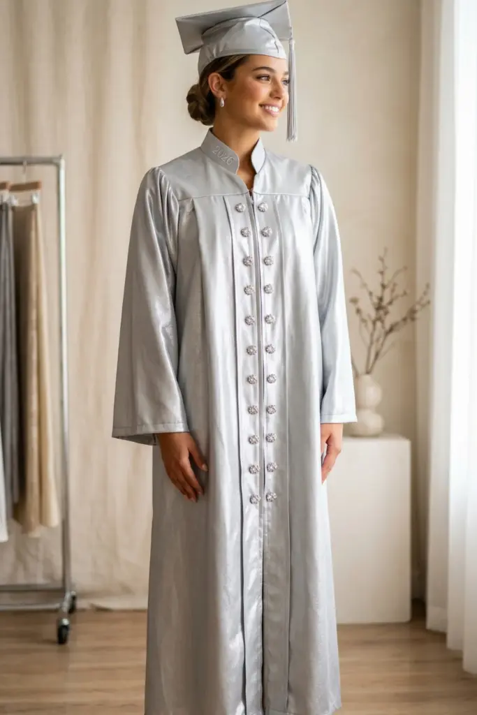elegant-fashionable-graduation-cap-gown-silver-metallic-crystal-buttons