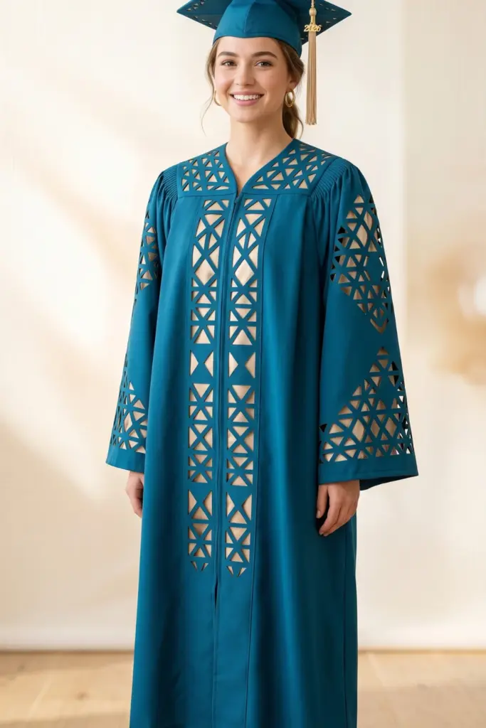 elegant-fashionable-graduation-cap-gown-teal-blue-geometric-cutouts