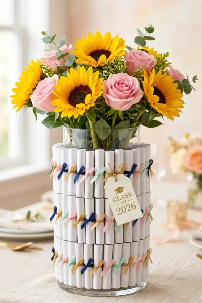 graduation-centerpiece-designs-mini-diploma-roll-vase-ideas