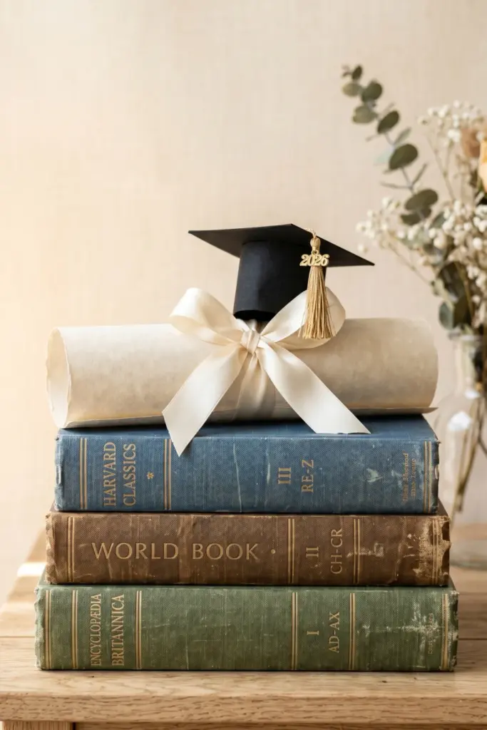 graduation-centerpiece-designs-stack-of-books-diploma-ideas