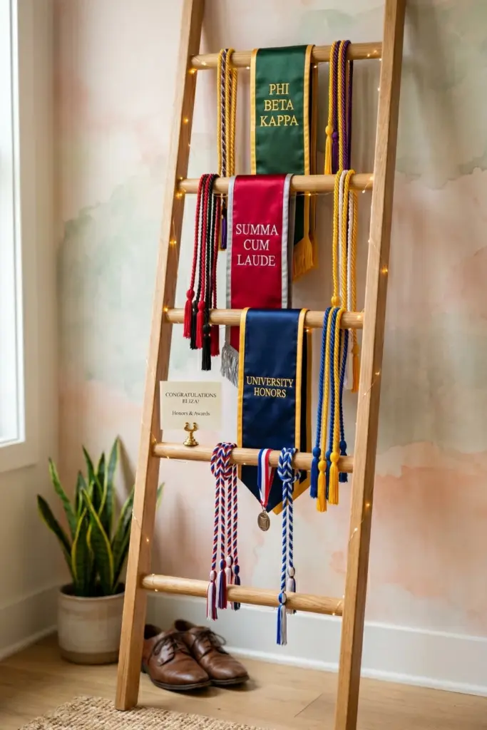 graduation-entryway-decorations-academic-stole-cord-display-ideas