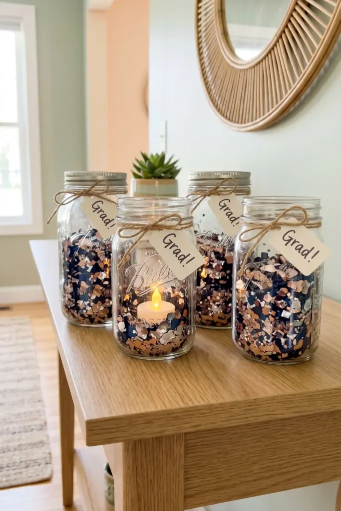 graduation-entryway-decorations-confetti-filled-glass-jars-console-table-ideas