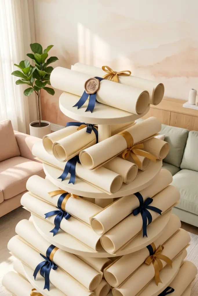 graduation-entryway-decorations-diploma-display-stand-fake-scrolls-ideas