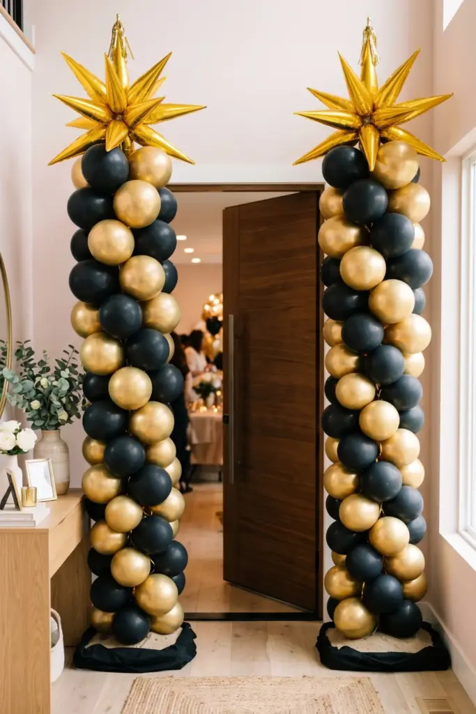 graduation-entryway-decorations-gold-black-balloon-column-ideas