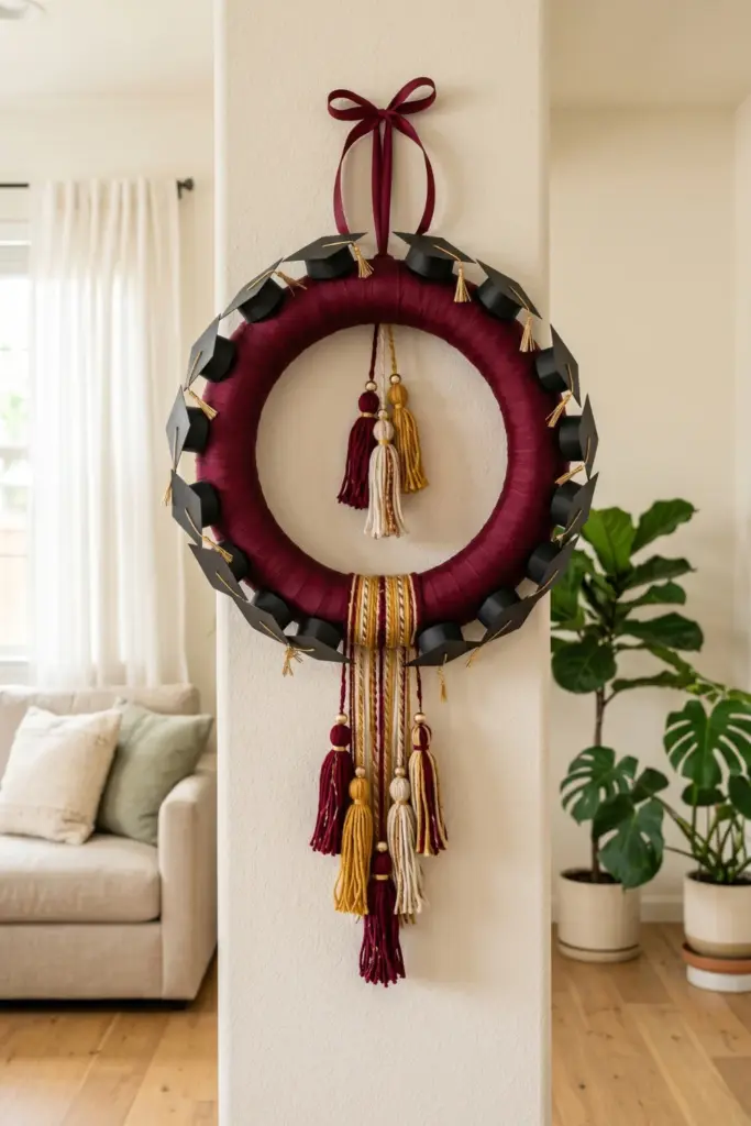 graduation-entryway-decorations-grad-cap-wreath-tassel-accents-ideas