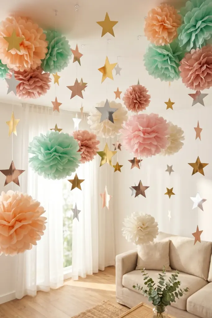 graduation-entryway-decorations-hanging-pom-poms-stars-ceiling-ideas