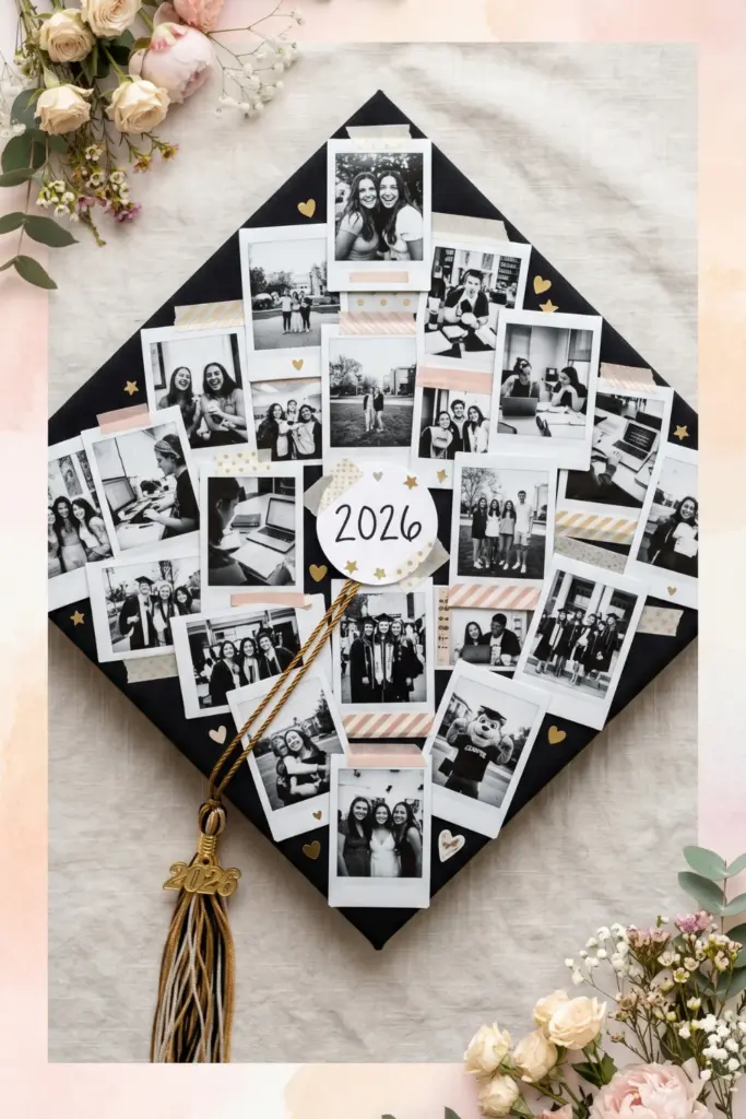 polaroid-photo-collage-diy-graduation-cap-decor