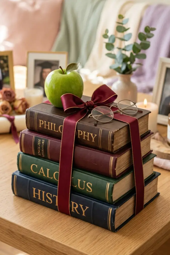 book-stack-of-subjects-graduation-memory-table-styling-ideas
