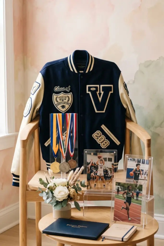 letterman-jacket-backdrop-graduation-memory-table-styling-ideas