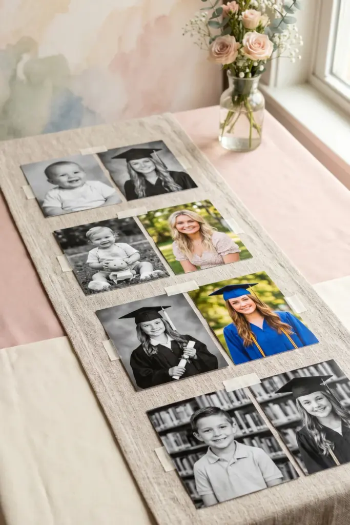 then-and-now-photo-timeline-graduation-memory-table-styling-ideas