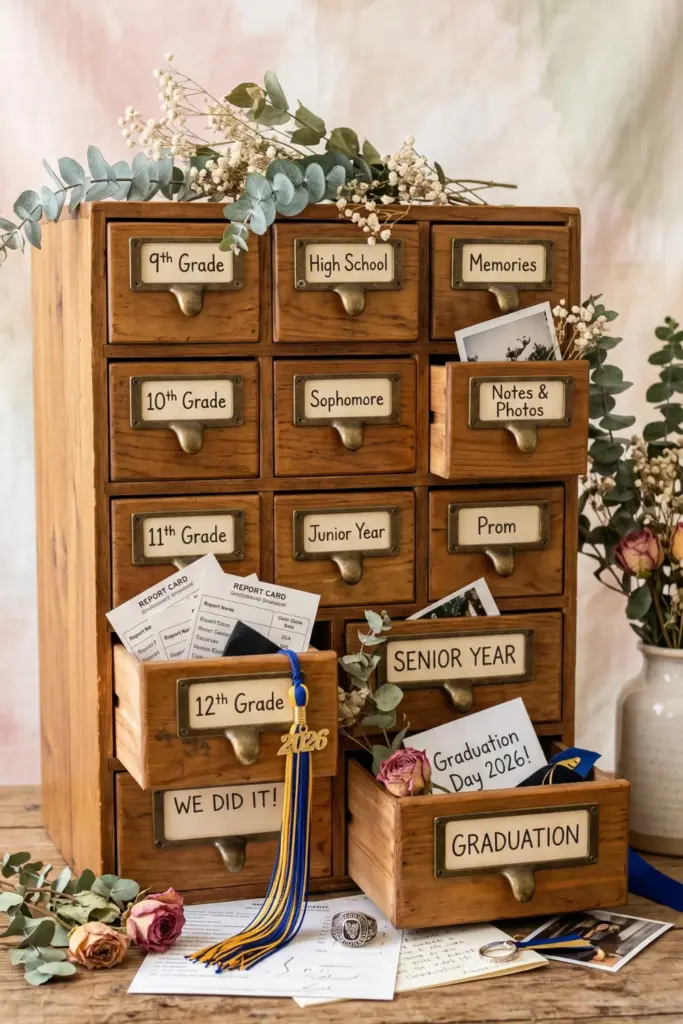 time-capsule-drawers-graduation-memory-table-styling-ideas