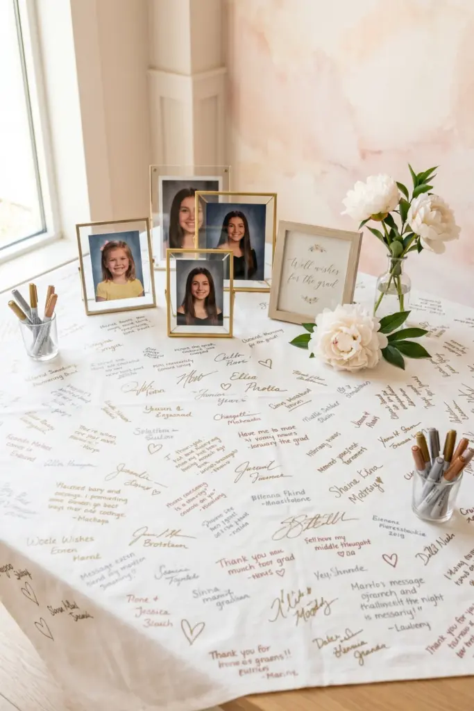yearbook-signature-tablecloth-graduation-memory-table-styling-ideas